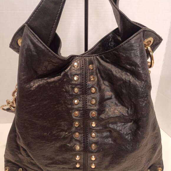 MK MICHAEL KORS Astor Uptown Black Textured Leather Bag Gold Studs Chunky Chain - Picture 8 of 15